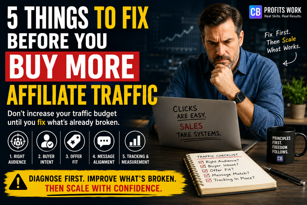 5 things to fix before you buy more affiliate traffic, including audience, buyer intent, offer fit, message alignment, and tracking