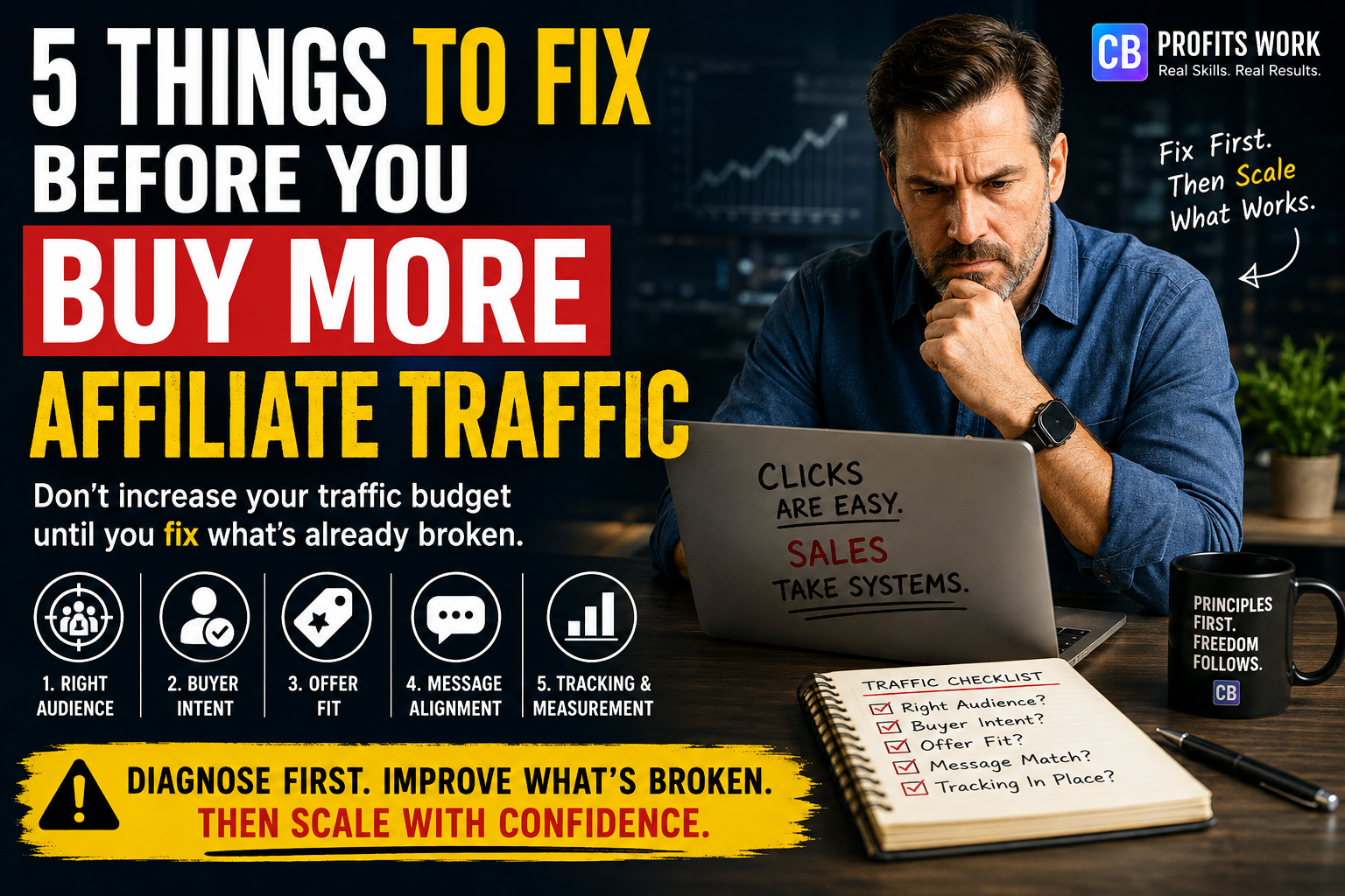 5 things to fix before you buy more affiliate traffic, including audience, buyer intent, offer fit, message alignment, and tracking